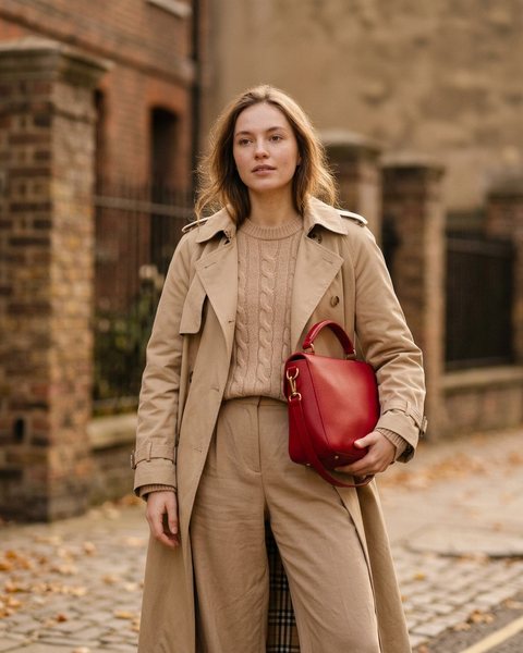 Nötr renkli bir kombinin elinde tutulan canlı renkli bir çanta ile tamamlanması