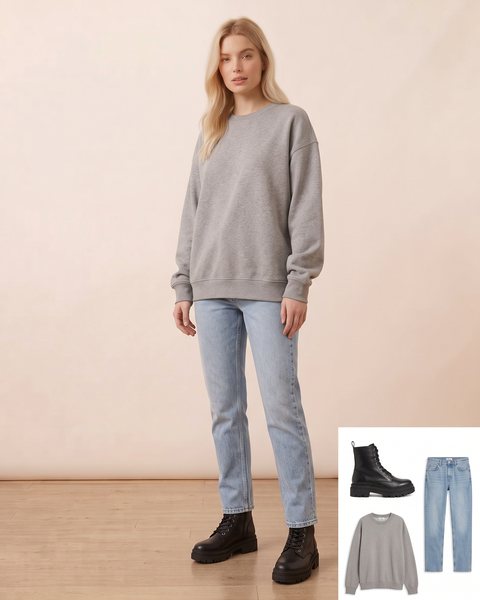 Gri oversize sweatshirt, açık mavi düz kesim kot pantolon ve siyah postal bot ile hazırlanmış günlük kombin