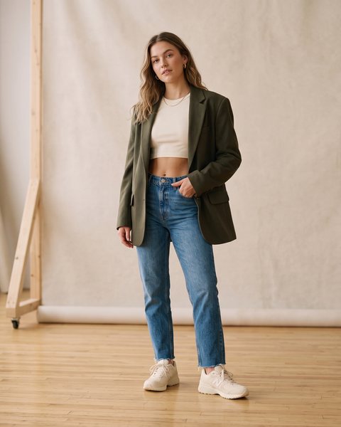 Fitilli crop atlet, yüksek bel kot pantolon ve haki oversize blazer ceket ile hazırlanmış geçiş dönemi crop kombini