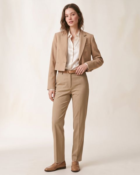 Kamel crop blazer ceket, krem saten gömlek ve kumaş pantolon ile hazırlanmış ofis crop kombini