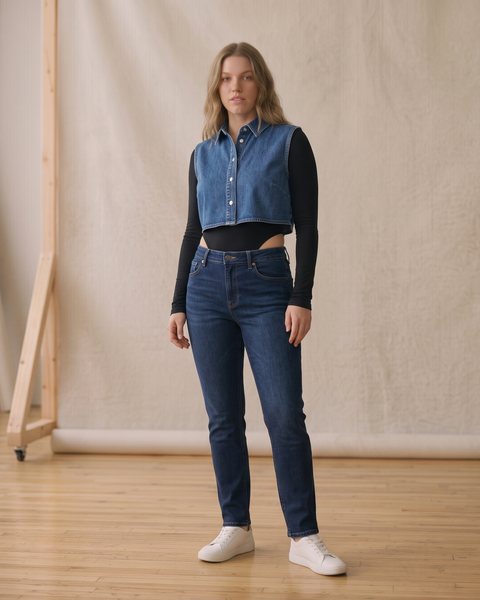Kolsuz denim crop gömlek, siyah uzun kollu body ve lacivert kot pantolon ile hazırlanmış geçiş dönemi crop kombini