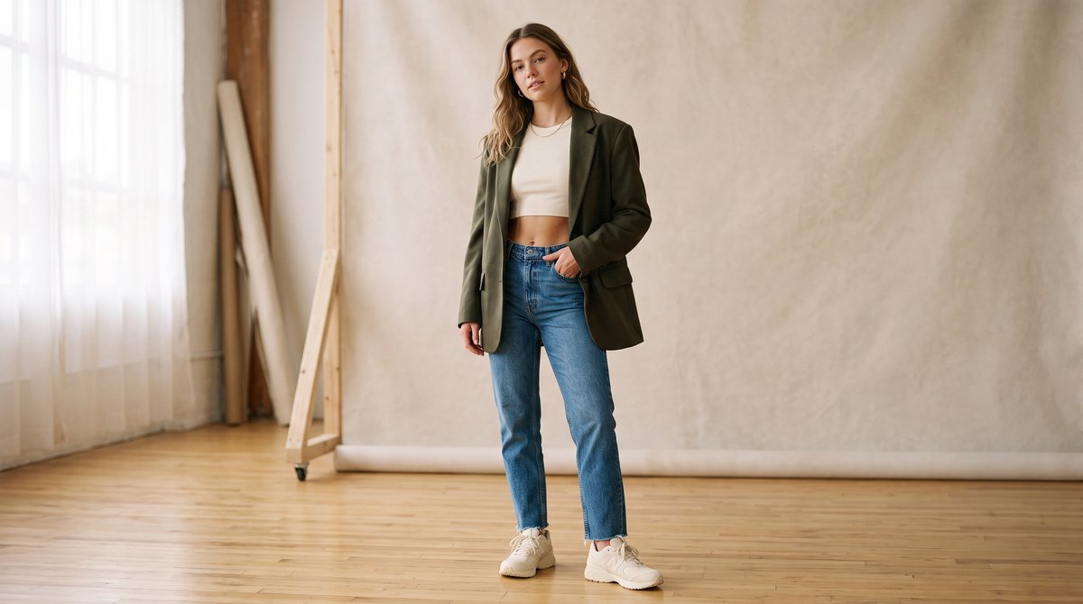 Fitilli crop atlet, yüksek bel kot pantolon ve haki oversize blazer ceket ile hazırlanmış sonbahar-kış crop kombini