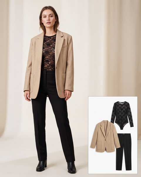 Siyah dantel body, bej oversize blazer ve siyah kumaş pantolon ile hazırlanmış ofis sonrası kombini