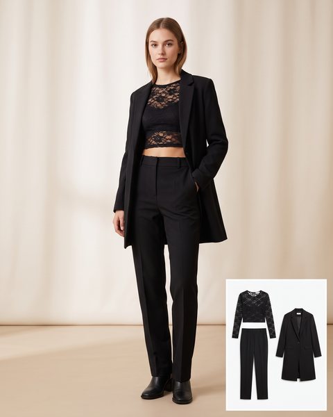 Siyah dantel crop bluz, siyah yüksek bel pantolon ve siyah uzun blazer ceket ile hazırlanmış akşam kombini