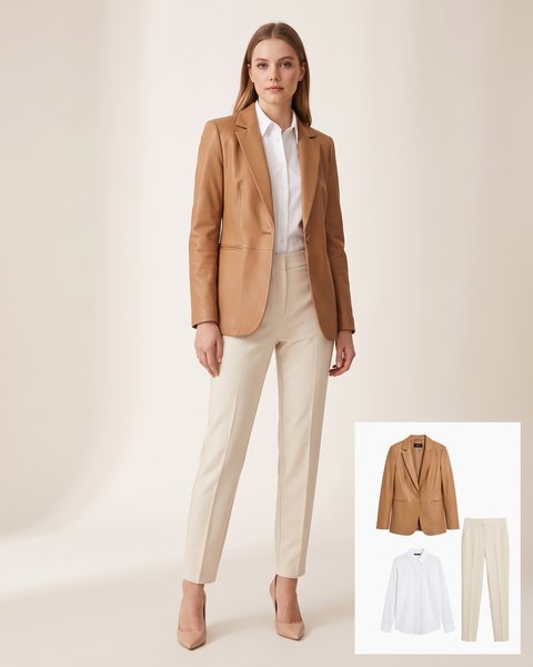 Kum rengi deri blazer ceket, beyaz gömlek ve krem kumaş pantolon ile hazırlanmış ofis kombini