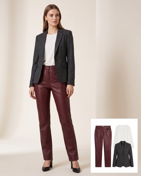 Bordo deri pantolon, beyaz bluz ve antrasit blazer ceket ile hazırlanmış ofis kombini