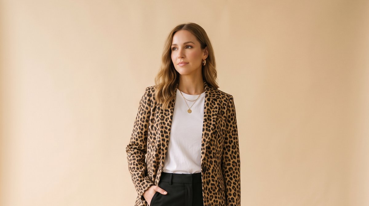 Leopar desenli blazer, beyaz tişört ve siyah pantolonla hazırlanmış sonbahar kombini