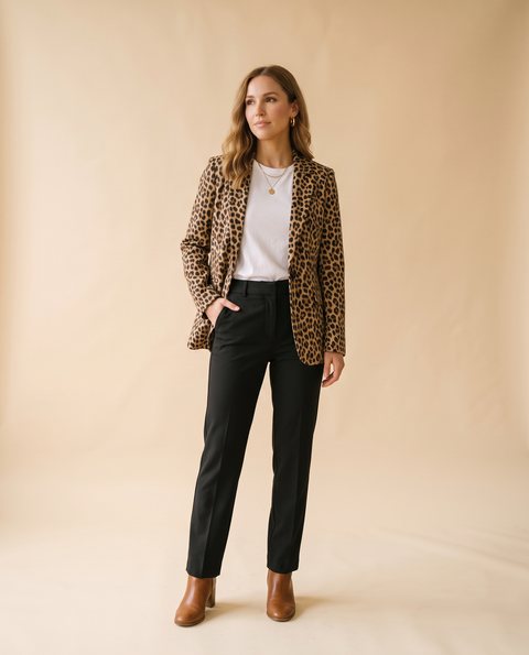 Leopar desenli blazer ceket, beyaz tişört ve siyah pantolon ile hazırlanmış kombin