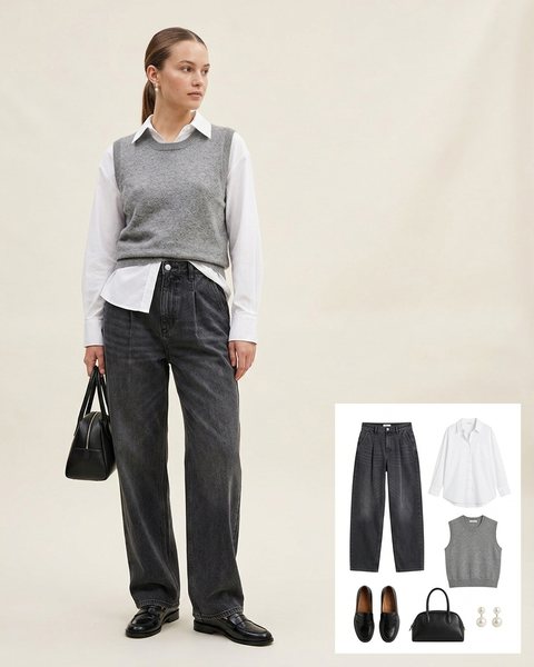 Woman wearing charcoal pleated baggy jeans with a white oversized shirt, a grey sweater vest, black loafers and a black top-handle bag