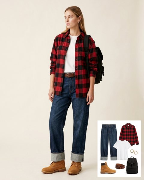 Woman wearing cuffed dark-wash baggy jeans with a red plaid flannel shirt, a white tee, tan work boots and a black backpack