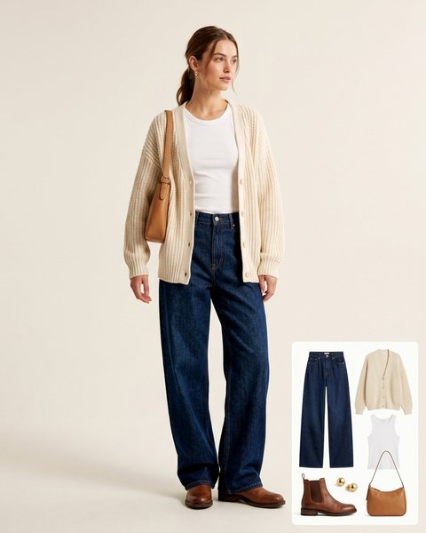 Woman wearing dark indigo wide-leg jeans with a cream oversized cardigan, a white tank, brown Chelsea boots and a tan shoulder bag