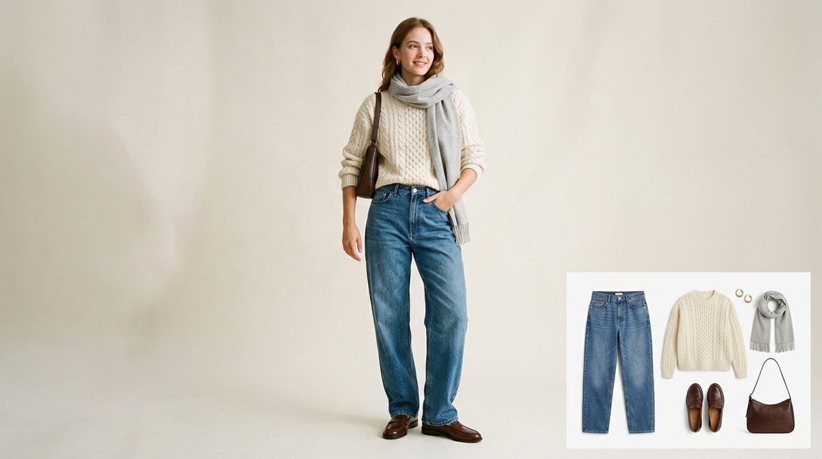 Woman wearing mid-wash baggy straight-leg jeans with a cream cable-knit sweater, a light grey wool scarf, brown leather loafers and a brown leather shoulder bag
