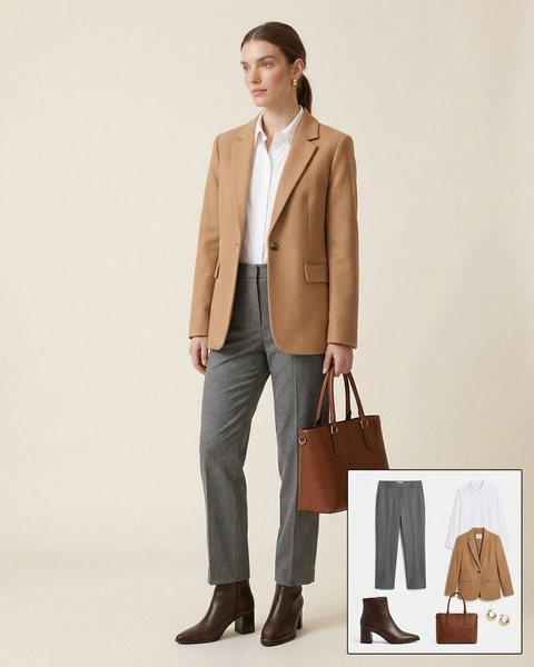 Woman wearing dark brown pointed block-heel ankle boots with grey tailored trousers, a camel blazer, a white shirt and a brown leather tote