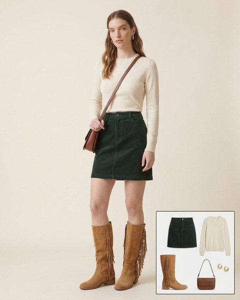 Woman wearing camel suede fringe boots with a dark green corduroy mini skirt, a cream knit sweater and a brown crossbody bag