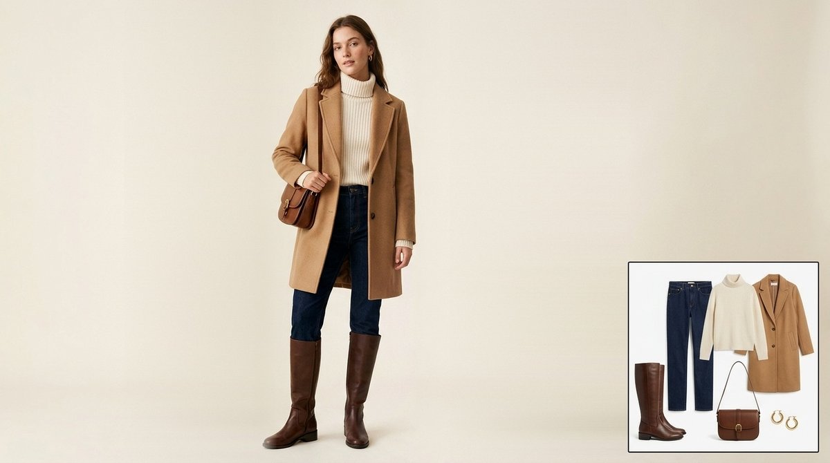 Woman wearing chocolate brown leather knee-high boots with dark straight jeans, a cream ribbed turtleneck, a long camel wool coat and a brown leather shoulder bag
