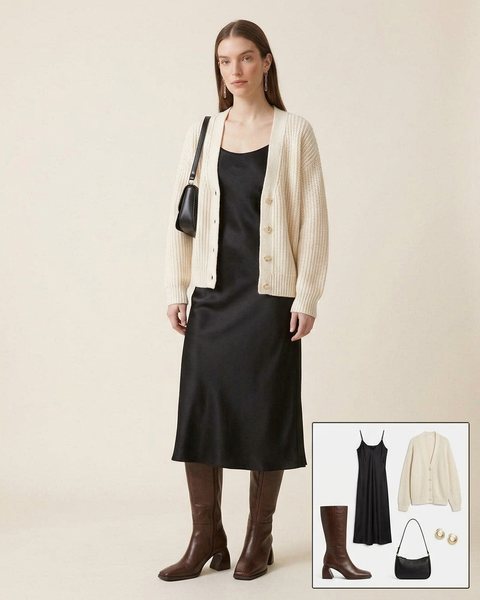 Woman wearing chocolate square-toe tall boots with a black satin slip dress, a cream chunky cardigan and a small black shoulder bag