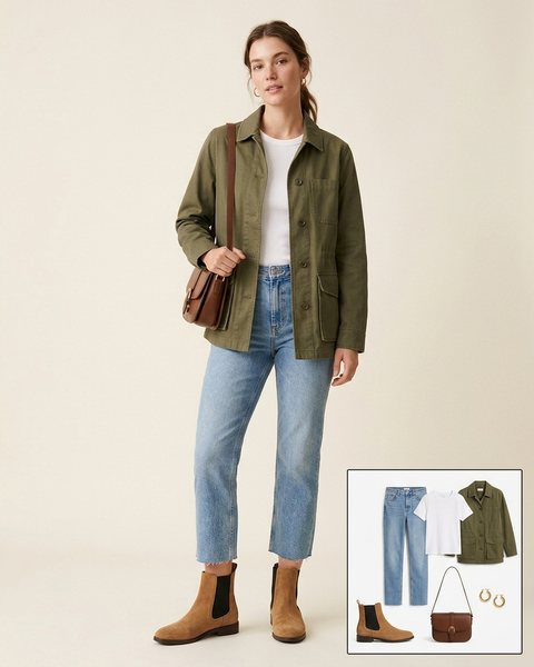 Woman wearing tan suede Chelsea boots with cropped straight jeans, a white tee, an olive field jacket and a brown crossbody bag