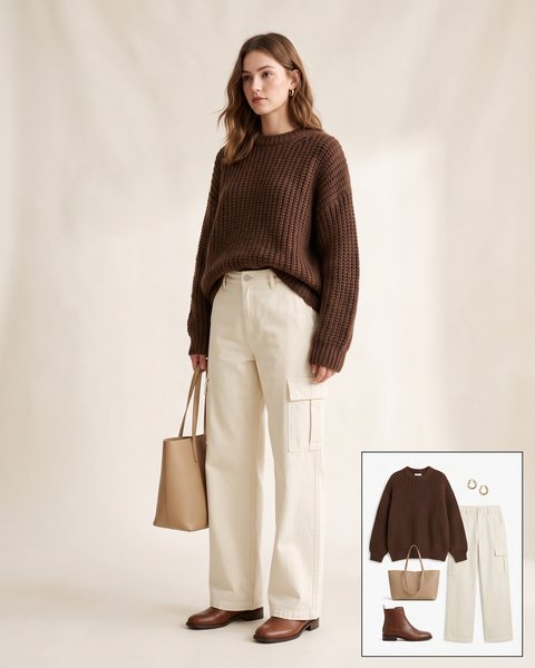 Woman wearing cream wide-leg cargo pants with an oversized chocolate brown chunky sweater, brown leather ankle boots and a beige tote bag