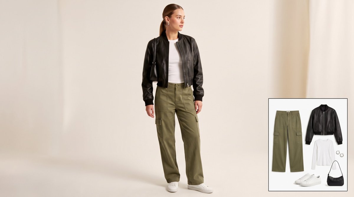Woman wearing olive green wide-leg cargo pants with a fitted white ribbed long-sleeve tee, a cropped black leather bomber jacket, white leather sneakers, a black shoulder bag and silver hoop earrings