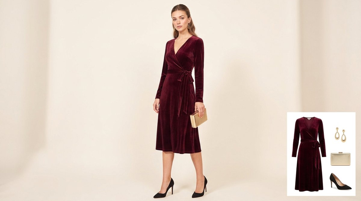 Woman wearing a burgundy velvet long-sleeve wrap midi dress with black pointed pumps, a gold metallic clutch and gold drop earrings