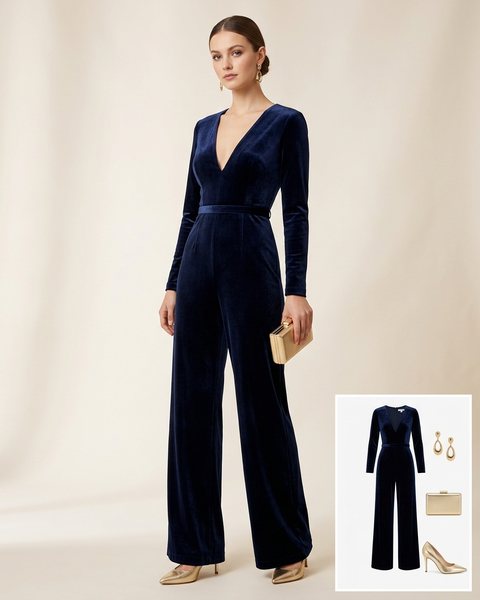 Woman wearing a midnight navy velvet wide-leg jumpsuit with gold pointed heels, a gold box clutch and gold drop earrings