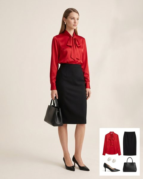 Woman wearing a red satin pussy-bow blouse with a black pencil skirt, black pointed pumps and a black top-handle bag
