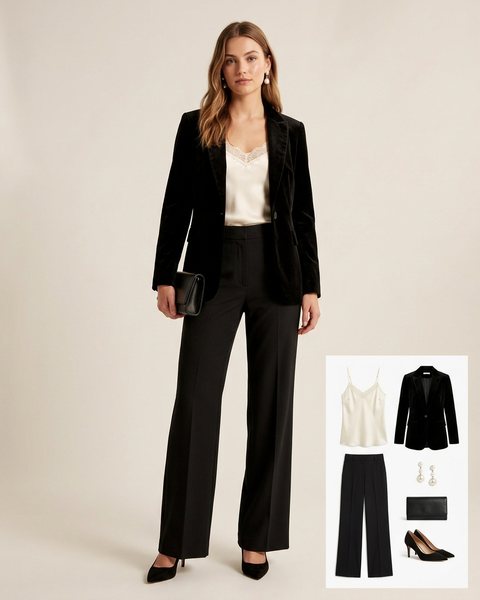 Woman wearing an ivory satin camisole with a black velvet blazer, black wide-leg trousers, black pumps and a black clutch