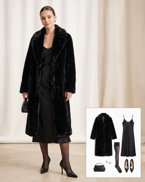 Woman wearing a long black faux fur coat over a black satin slip midi dress with sheer tights, pointed pumps and a small structured black bag