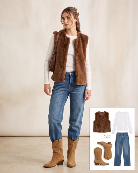 Woman wearing a brown faux fur vest over a white long-sleeve tee with loose jeans, tan suede cowboy boots and a brown leather shoulder bag