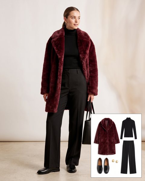 Woman wearing a burgundy faux fur coat with a black ribbed turtleneck, black wide-leg trousers, black loafers and a large black tote bag