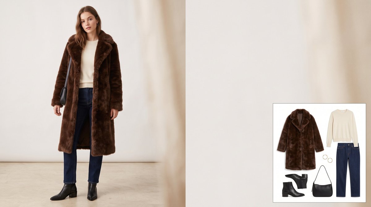 Woman wearing a long chocolate brown faux fur coat over a cream knit sweater with dark straight-leg jeans, pointed black ankle boots, a black shoulder bag and gold hoop earrings