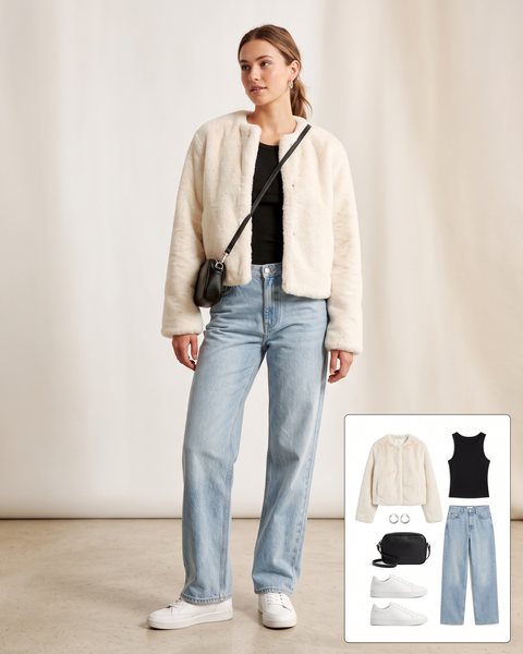 Woman wearing a cropped ivory faux fur jacket with a black ribbed tank, light-wash wide-leg jeans, white sneakers and a black crossbody bag
