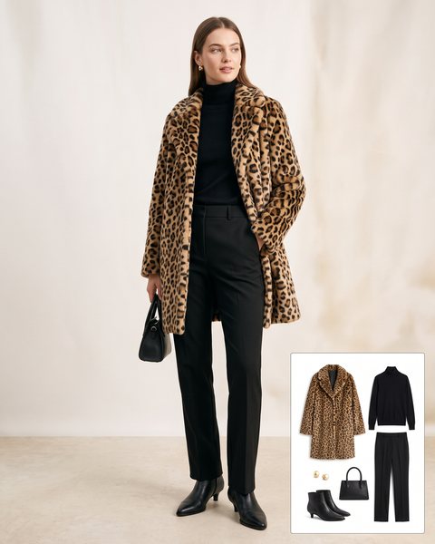 Woman wearing a leopard print faux fur coat with a black turtleneck, black tailored trousers, pointed black ankle boots and a black top-handle bag
