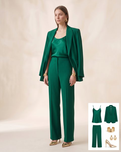 Emerald green silk camisole with a matching draped blazer and wide-leg trousers, styled with gold jewelry and gold heels