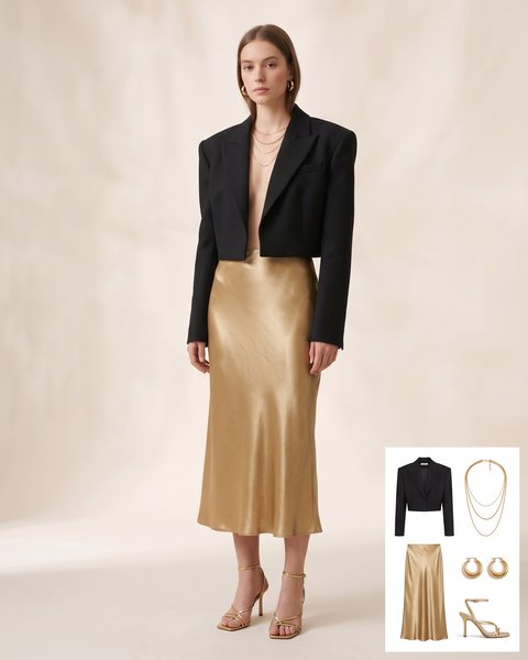 Liquid metallic gold satin slip skirt with a cropped black blazer, strappy gold heels and layered gold necklaces