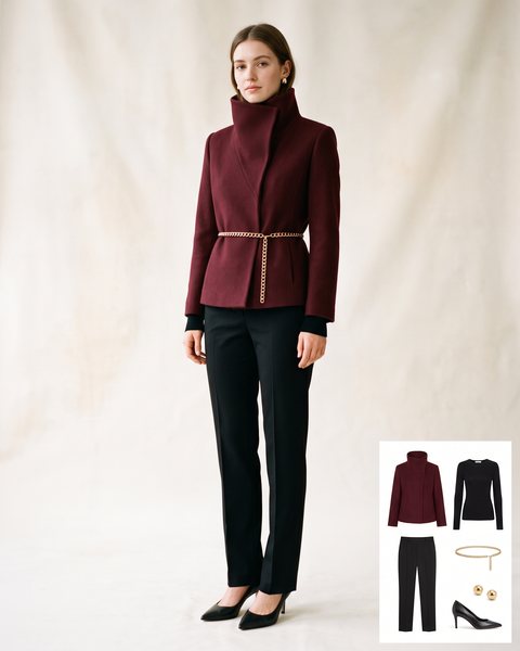 Burgundy structured jacket with a dramatic high funnel collar, black trousers and a thin gold chain belt