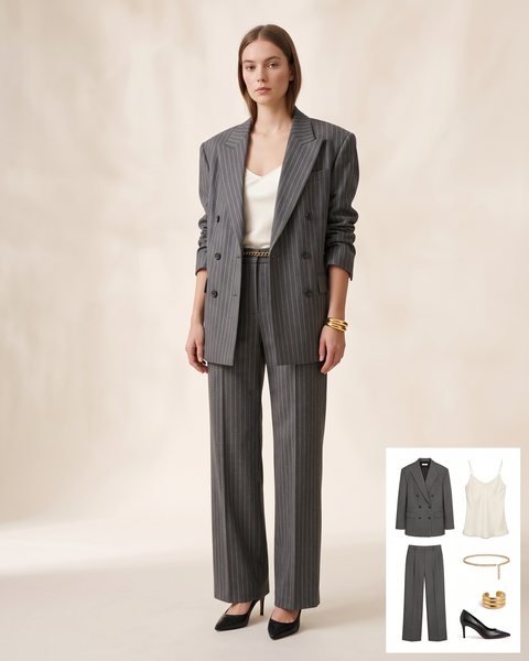 Grey pinstripe oversized double-breasted blazer and matching wide-leg trousers with an ivory camisole and gold chain belt