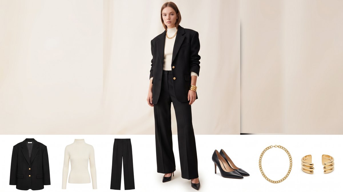 Woman wearing an oversized black blazer with sculpted shoulders over an ivory turtleneck, black wide-leg trousers and stacked gold jewelry, a classic Glamoratti outfit