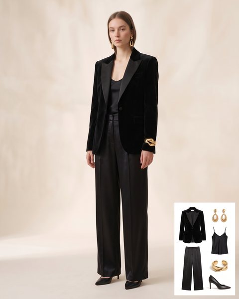 Black velvet tuxedo-style blazer with satin lapels, black satin trousers and statement gold drop earrings