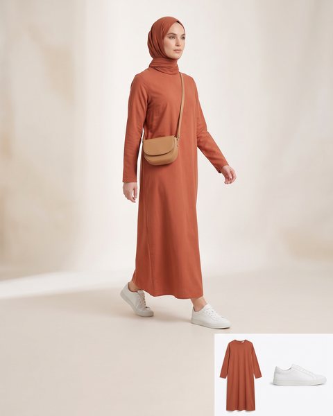 Straight-cut abaya-style dress in cotton with white sneakers, styled for everyday errands