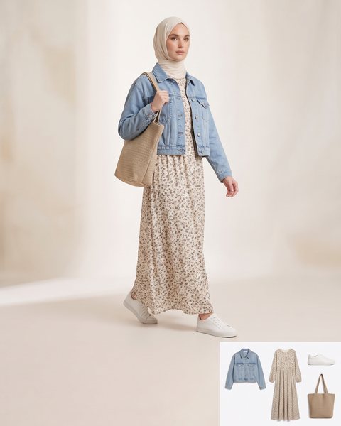 Cropped denim jacket thrown over a flowing maxi dress, styled for a weekend outing