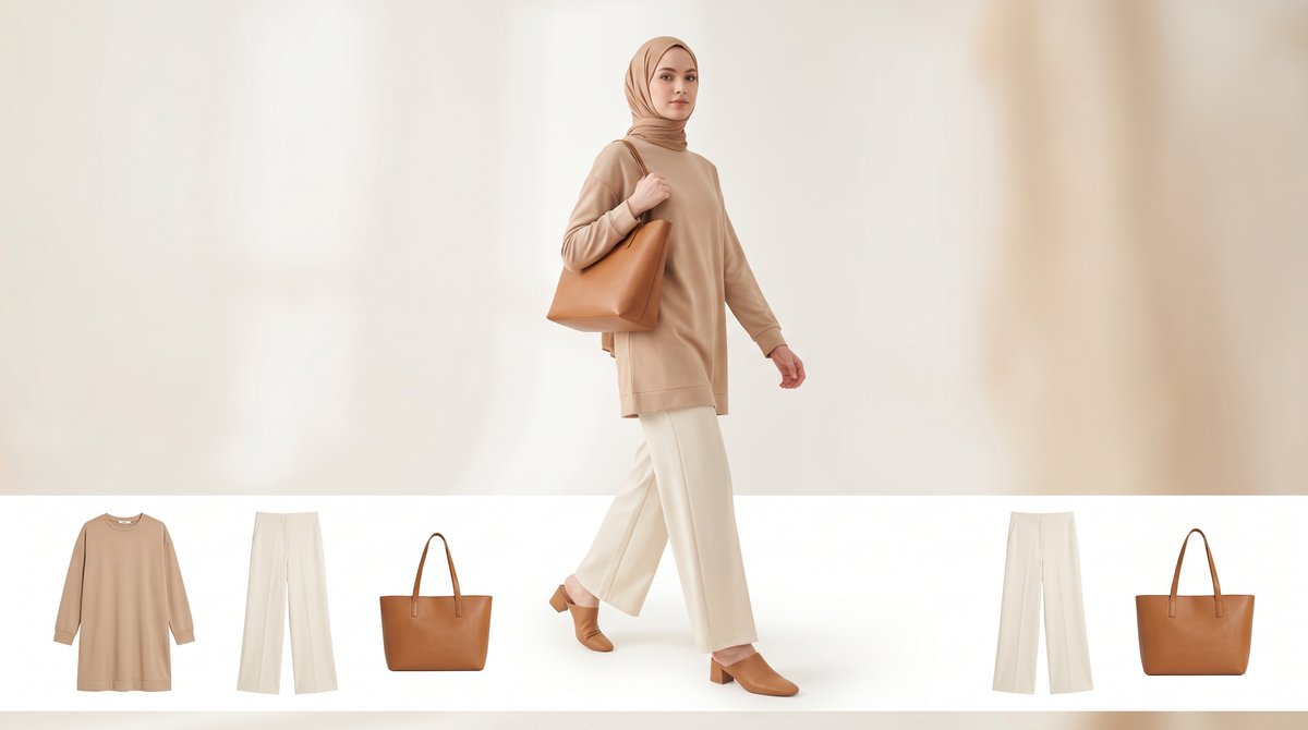Hijabi outfit with a longline tunic tucked over wide-leg trousers, styled for work and everyday wear