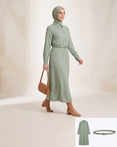 Button-front shirt dress cinched with a slim belt, styled for a work meeting