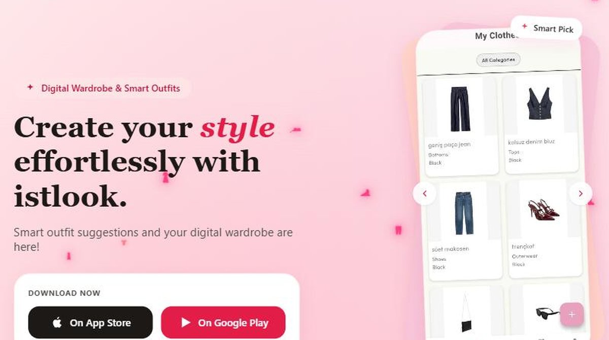 istlook app home screen showing the Create your style effortlessly with istlook headline next to the My Clothes digital wardrobe screen