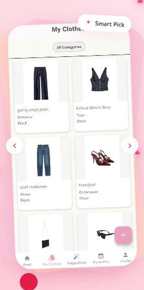 Close-up of the istlook My Clothes digital wardrobe screen with uploaded clothing items tagged by category and color