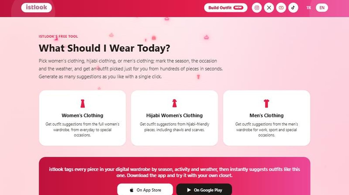 istlook free Outfit Generator category selection screen showing Women's Clothing, Hijabi Women's Clothing and Men's Clothing options