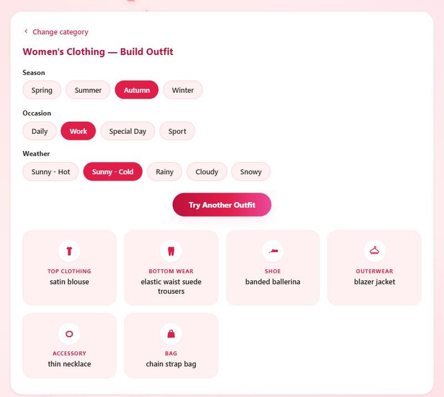 istlook Outfit Generator result screen with season, occasion and weather filters and a six-piece outfit breakdown: top clothing, bottom wear, shoe, outerwear, accessory and bag
