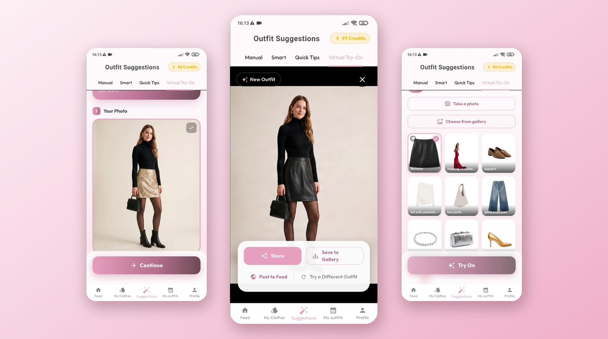 istlook Virtual Try-On screens showing a full-body photo of a woman, the closet pieces to pick from and the AI result with a black leather mini skirt