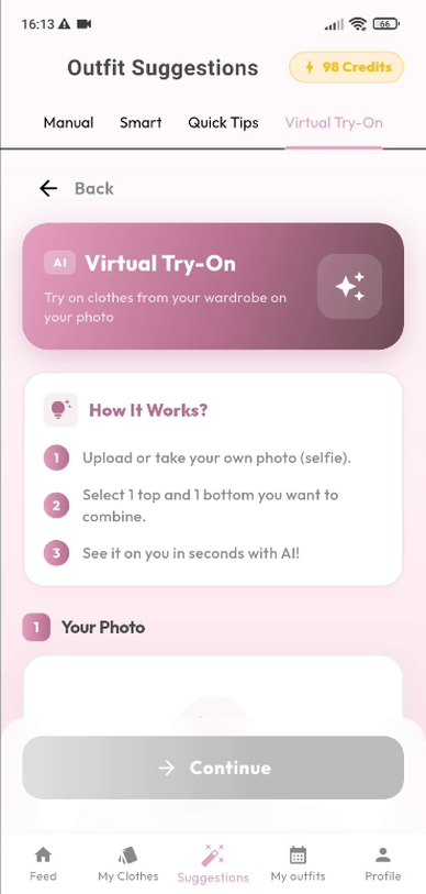 istlook Virtual Try-On start screen with a pink banner that says Try on clothes from your wardrobe on your photo and a short three-step How It Works card