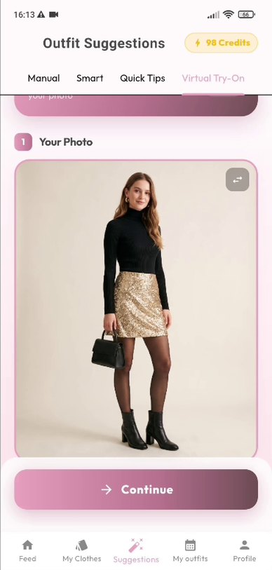 istlook Virtual Try-On screen with a full-body photo added and a Continue button at the bottom